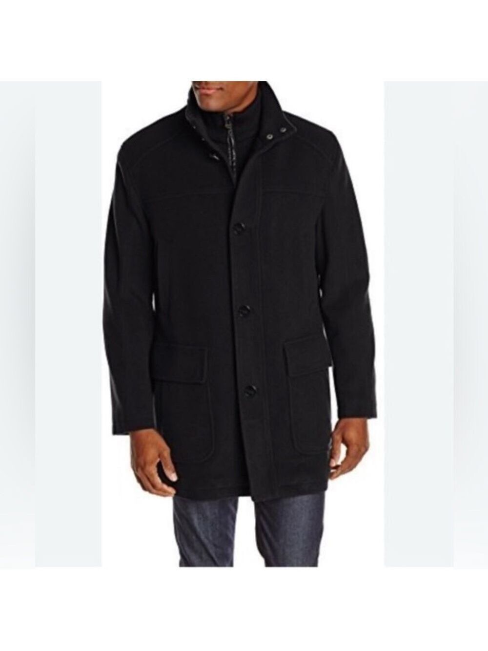Cole Haan Black Wool Cashmere Blend Zip & Button Coat Mens Size M Pockets